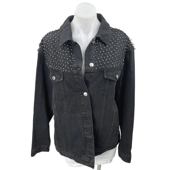 Topshop Black Rhinestone Embellished Button Denim Jeans Moto Coat Jacket Size 10 - Picture 1 of 6